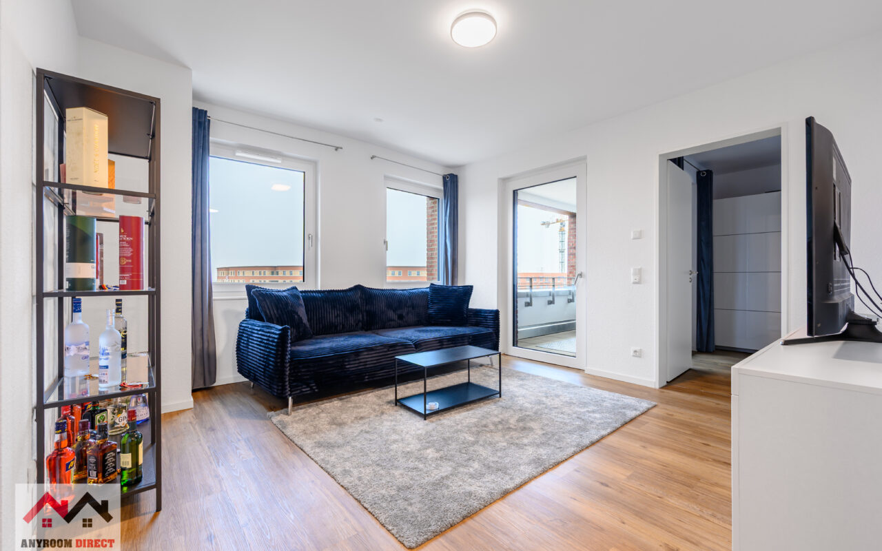 Bright living room with a sofa and TV