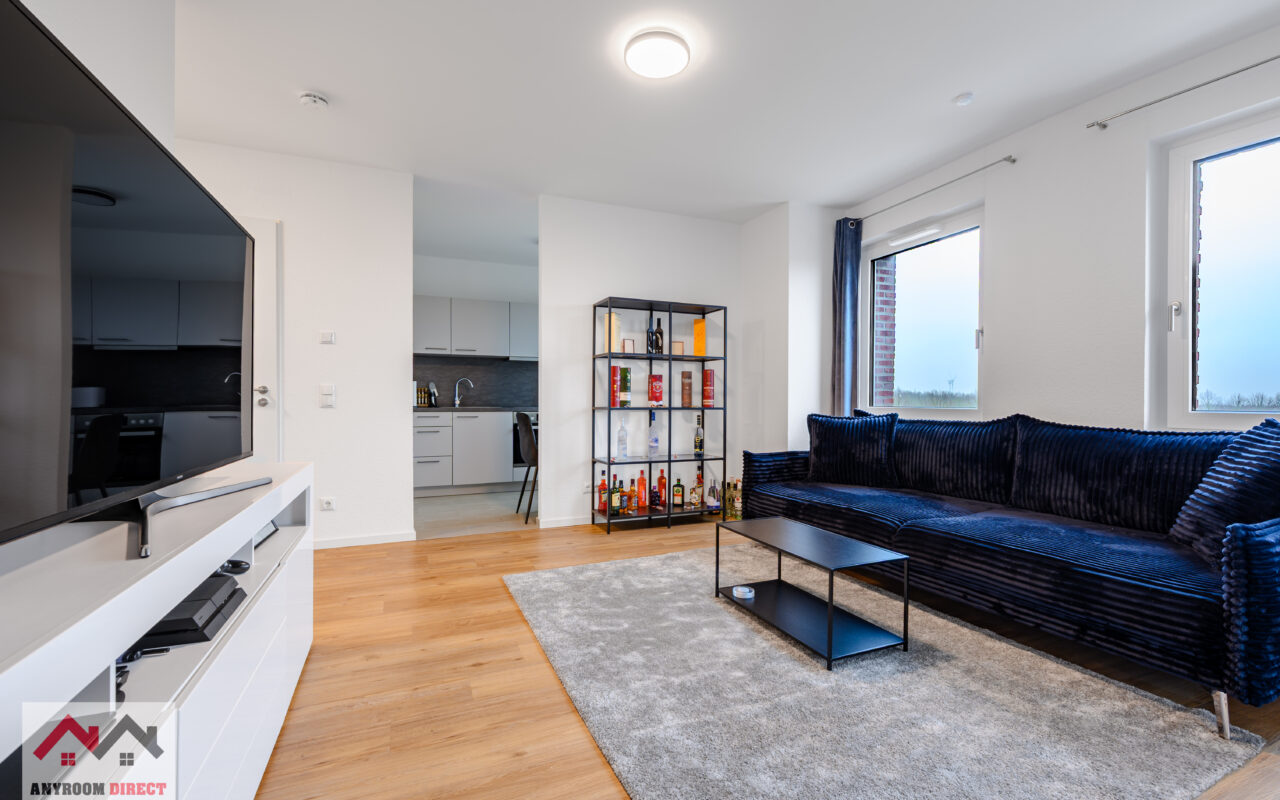Bright living room with a sofa and TV