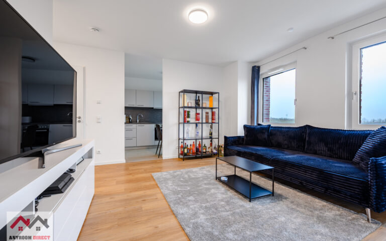 Bright living room with a sofa and TV