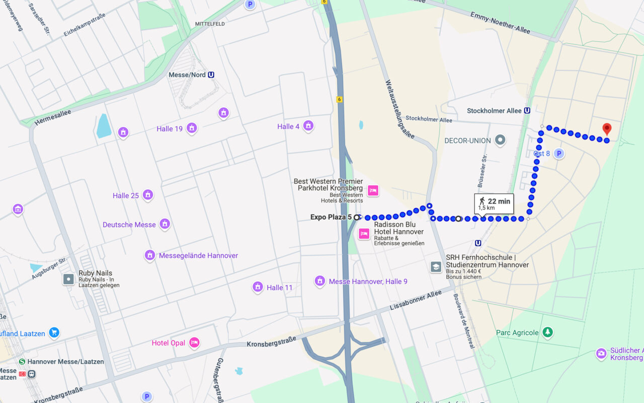 Location map showing 1.5 km distance to Hannover Messe
